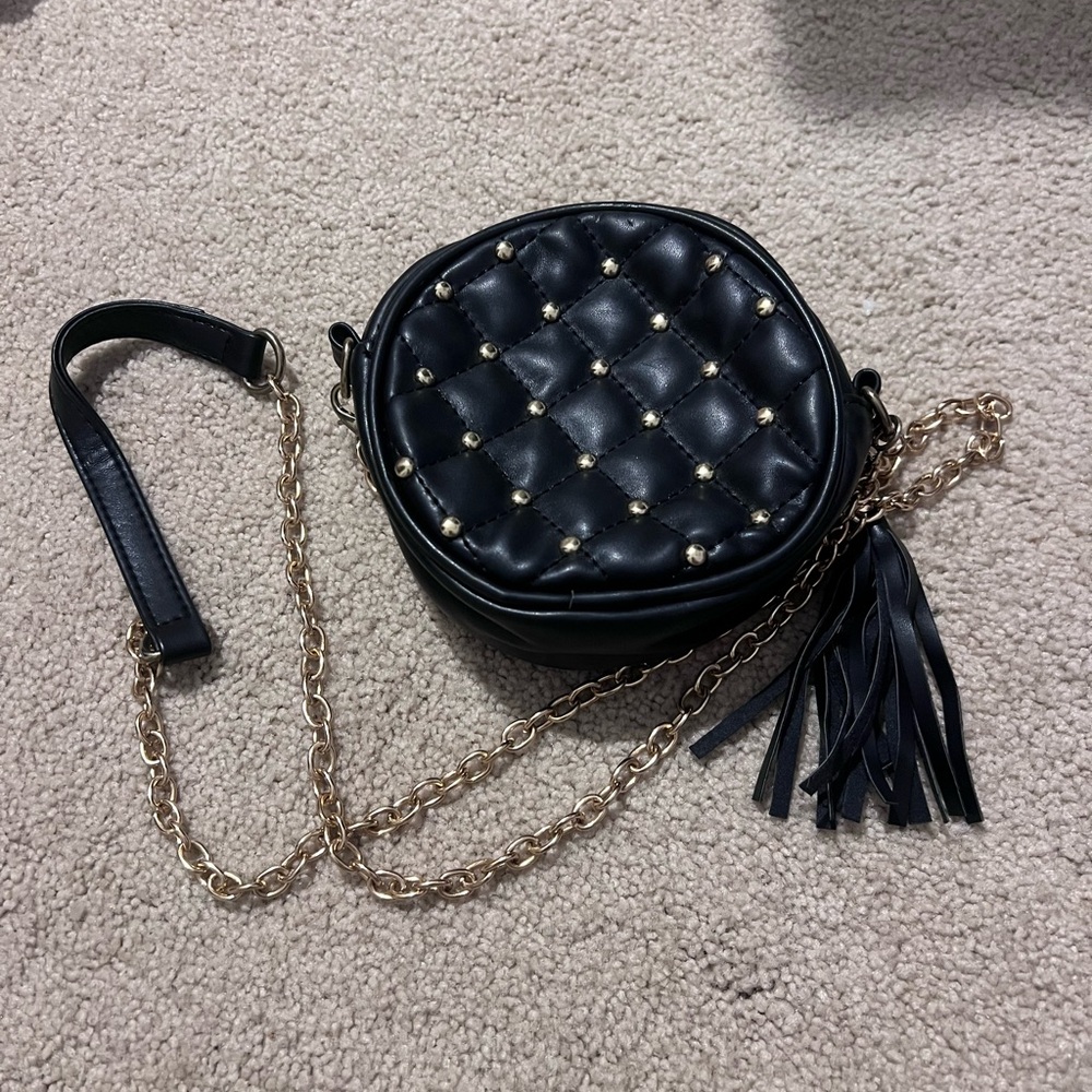 faux leather black circular mini crossbody- gold studs-removable gold chain.